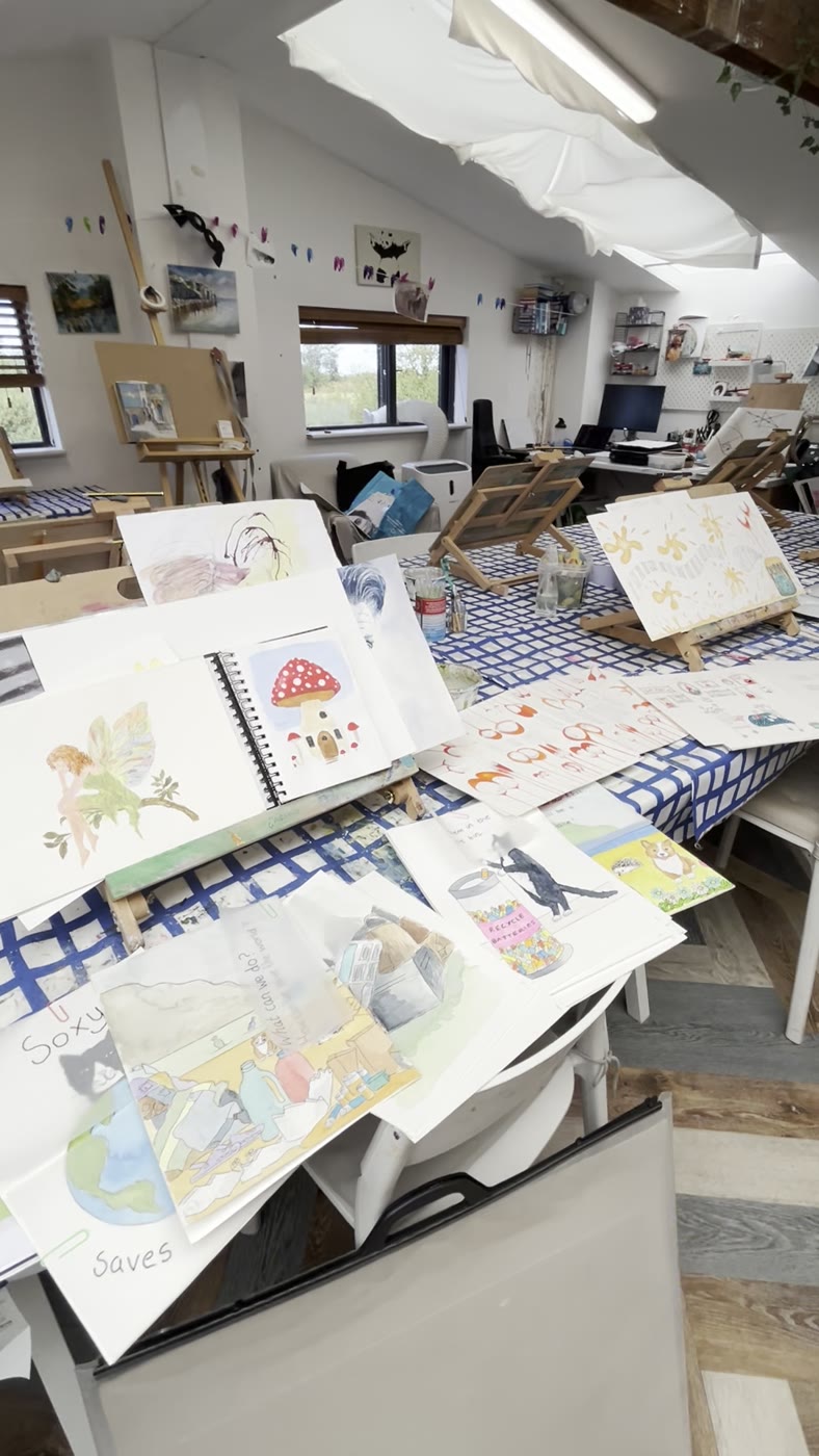 The workshop room at the Cornish Craft Barn, tables set and materials laid out